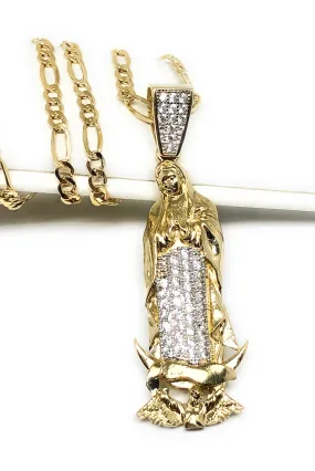 10k Solid Gold Yellow Virrgin Mary CZ Classic Pendant Necklace Virrgen Gaudalupe