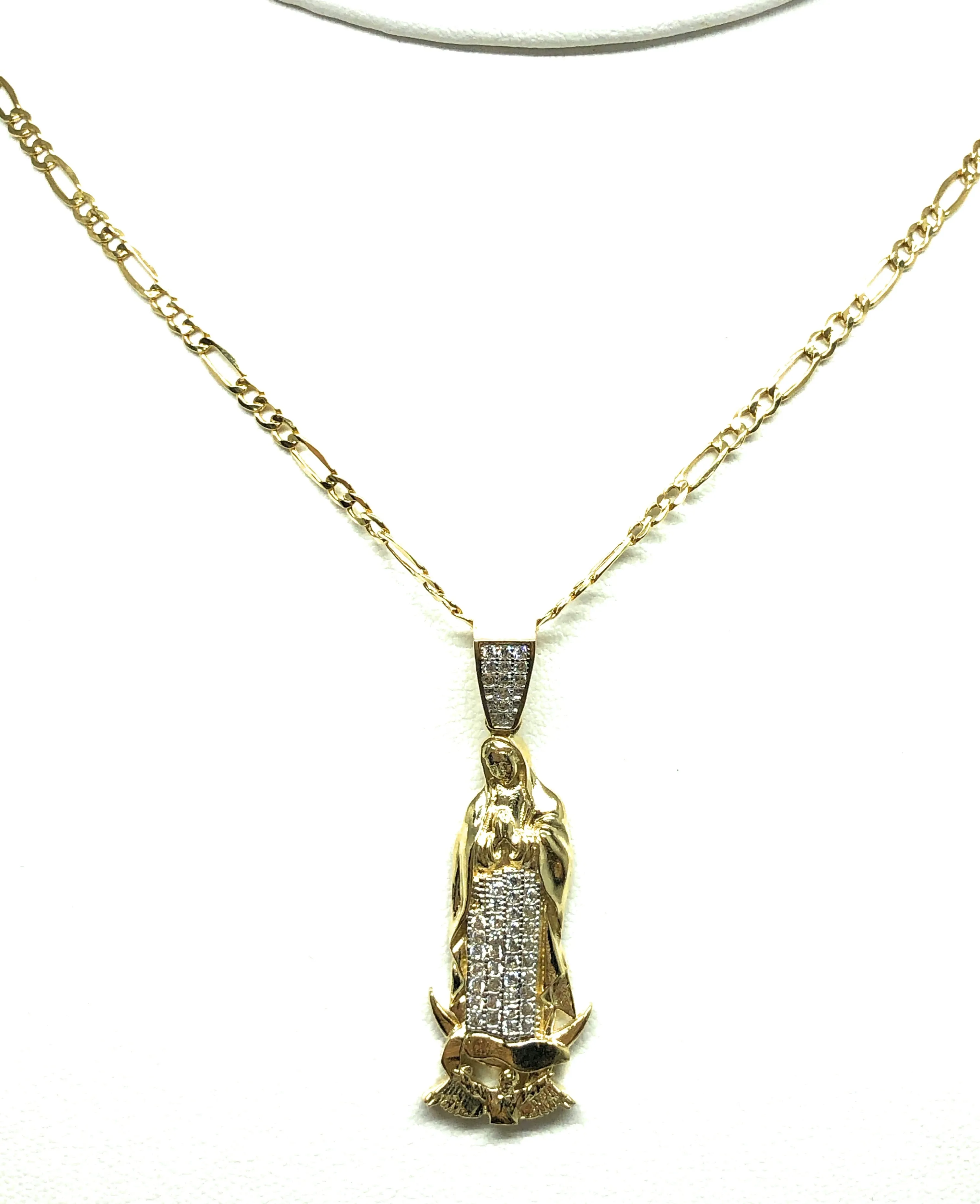 10k Solid Gold Yellow Virrgin Mary CZ Classic Pendant Necklace Virrgen Gaudalupe