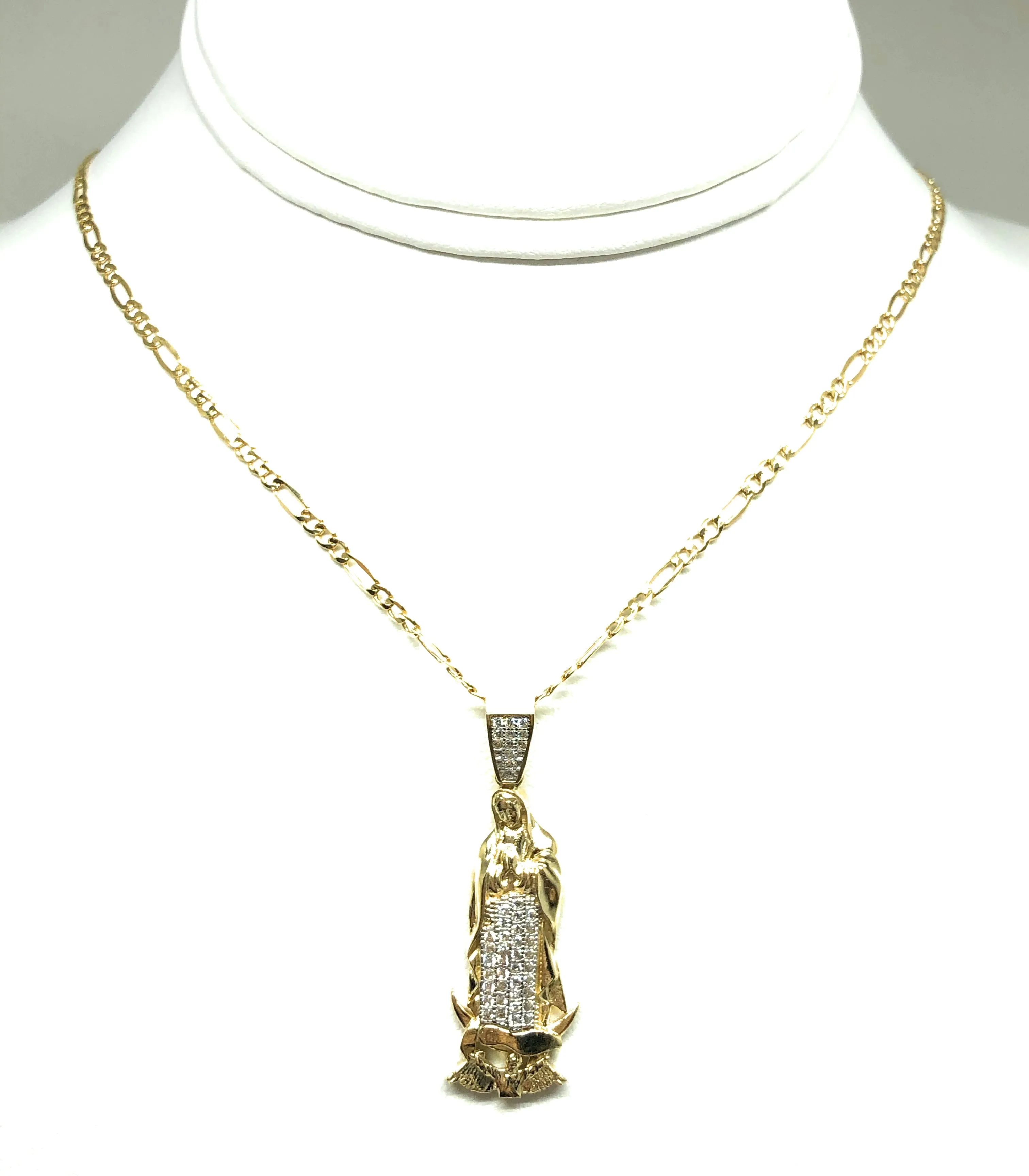 10k Solid Gold Yellow Virrgin Mary CZ Classic Pendant Necklace Virrgen Gaudalupe