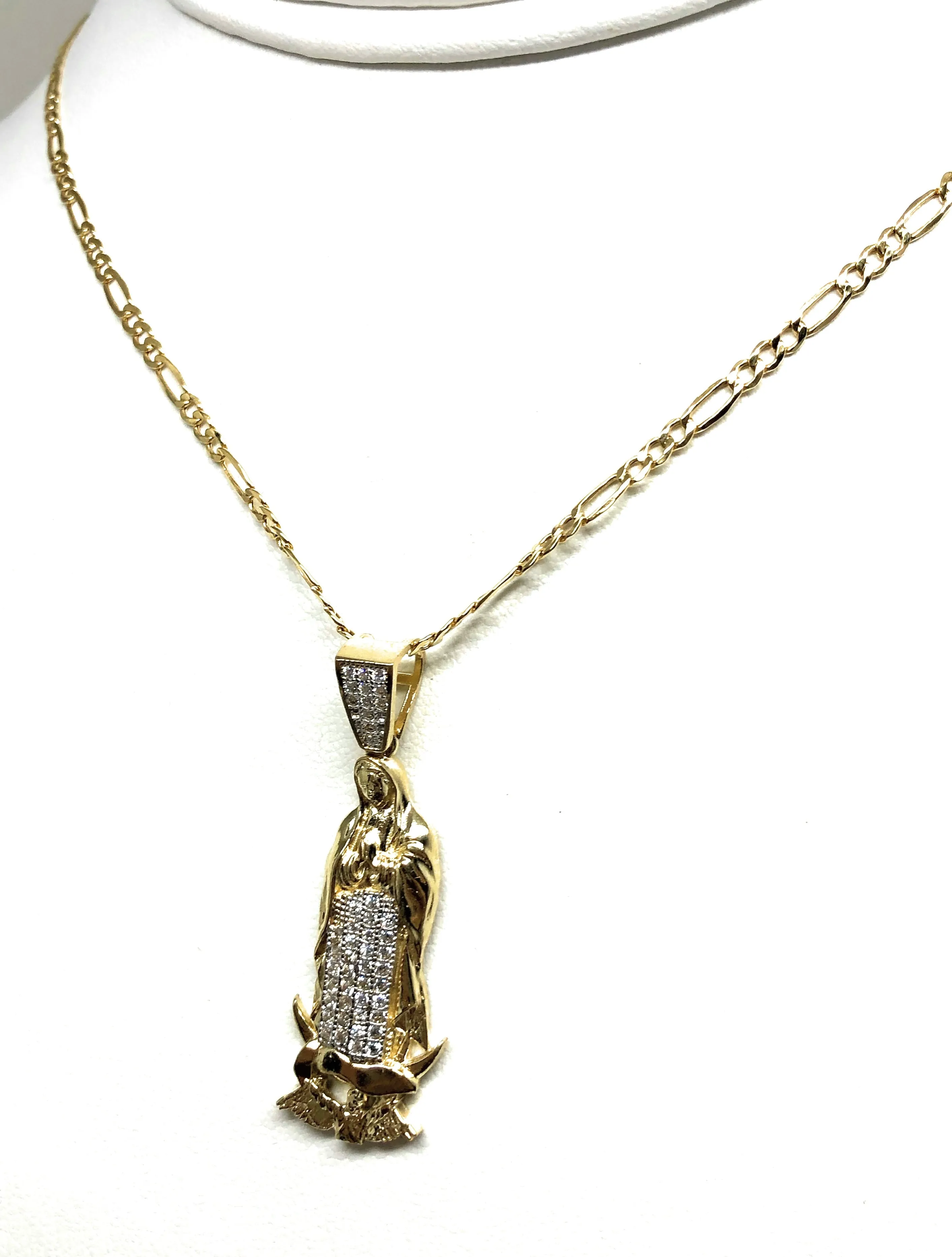 10k Solid Gold Yellow Virrgin Mary CZ Classic Pendant Necklace Virrgen Gaudalupe