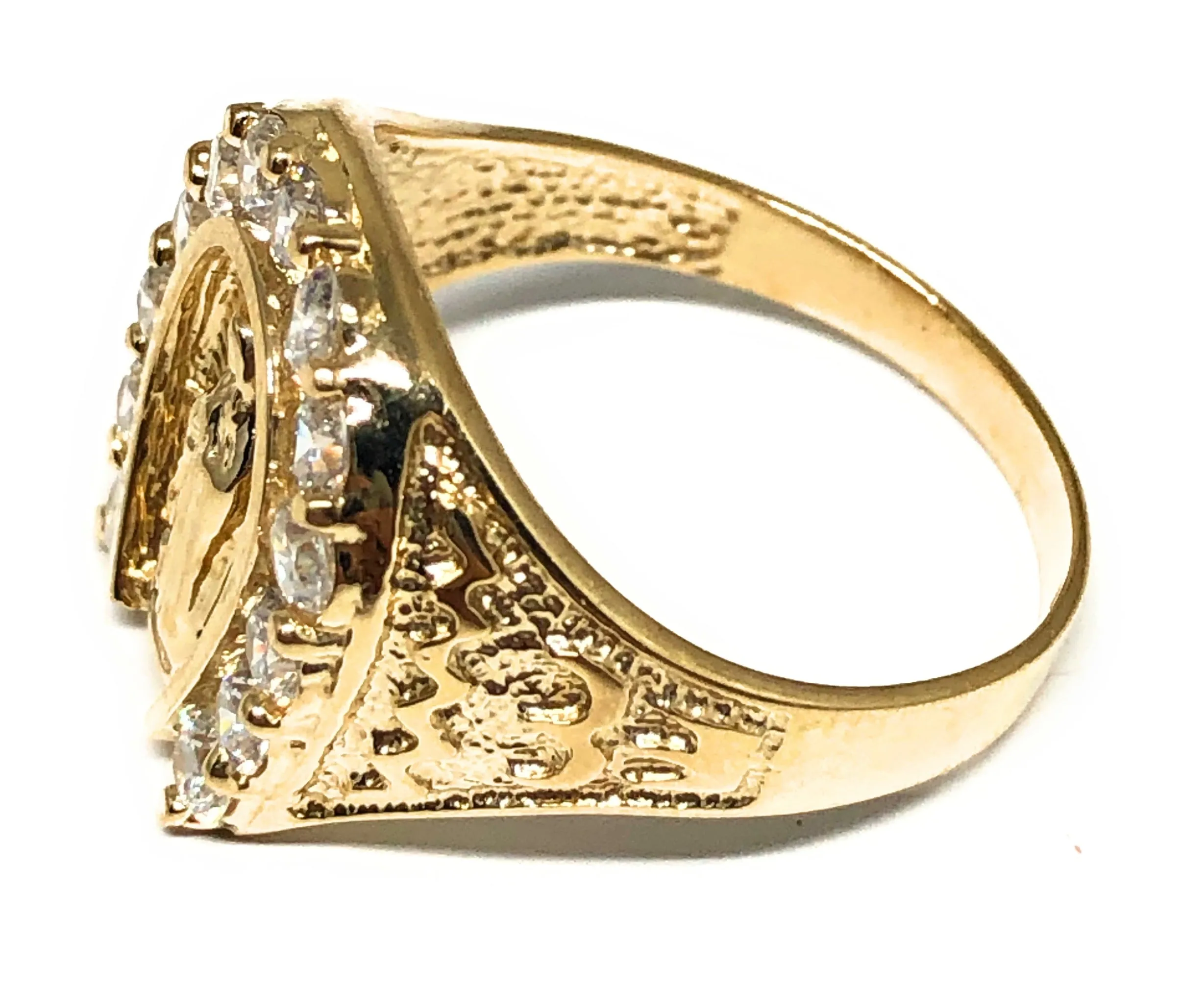 14k Solid Gold Yellow Classic Horseshoe CZ Virrgin Mary Ring