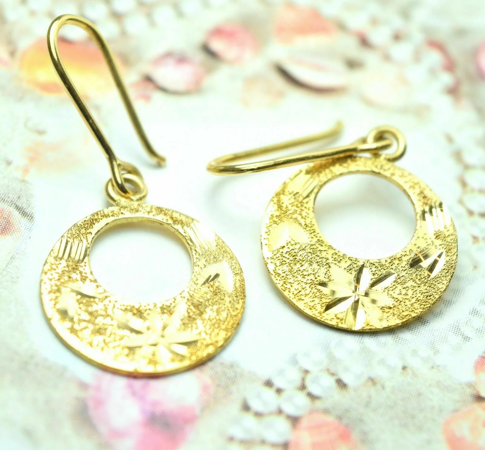 22k Solid Gold ELEGANT ROUND HOOK EARRINGS DANGLING Hanging Classic Design mf