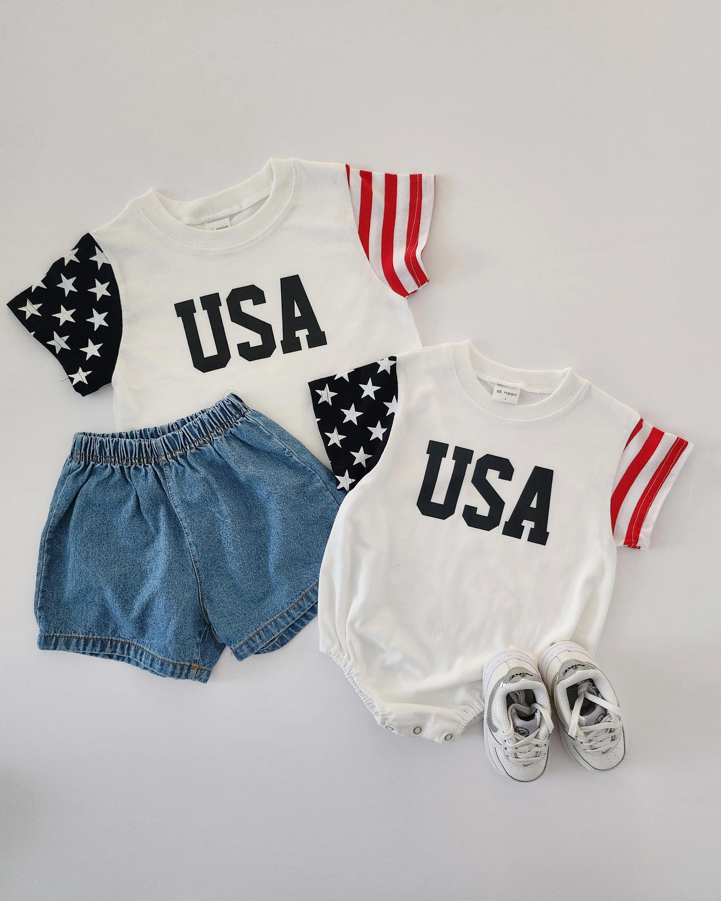 [At Noon Exclusive] Toddler Original USA Print Stars and Stripes Sleeve T-Shirt (1-5y) -Ivory