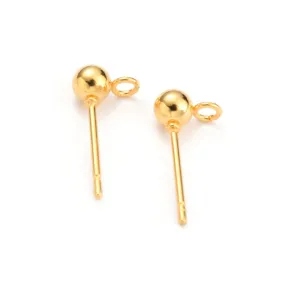 Ball Post Stud Earring Findings, 304 Stainless Steel, With 316 Surgical Stainless Steel Pins And Open Loop, Golden, 15x4mm