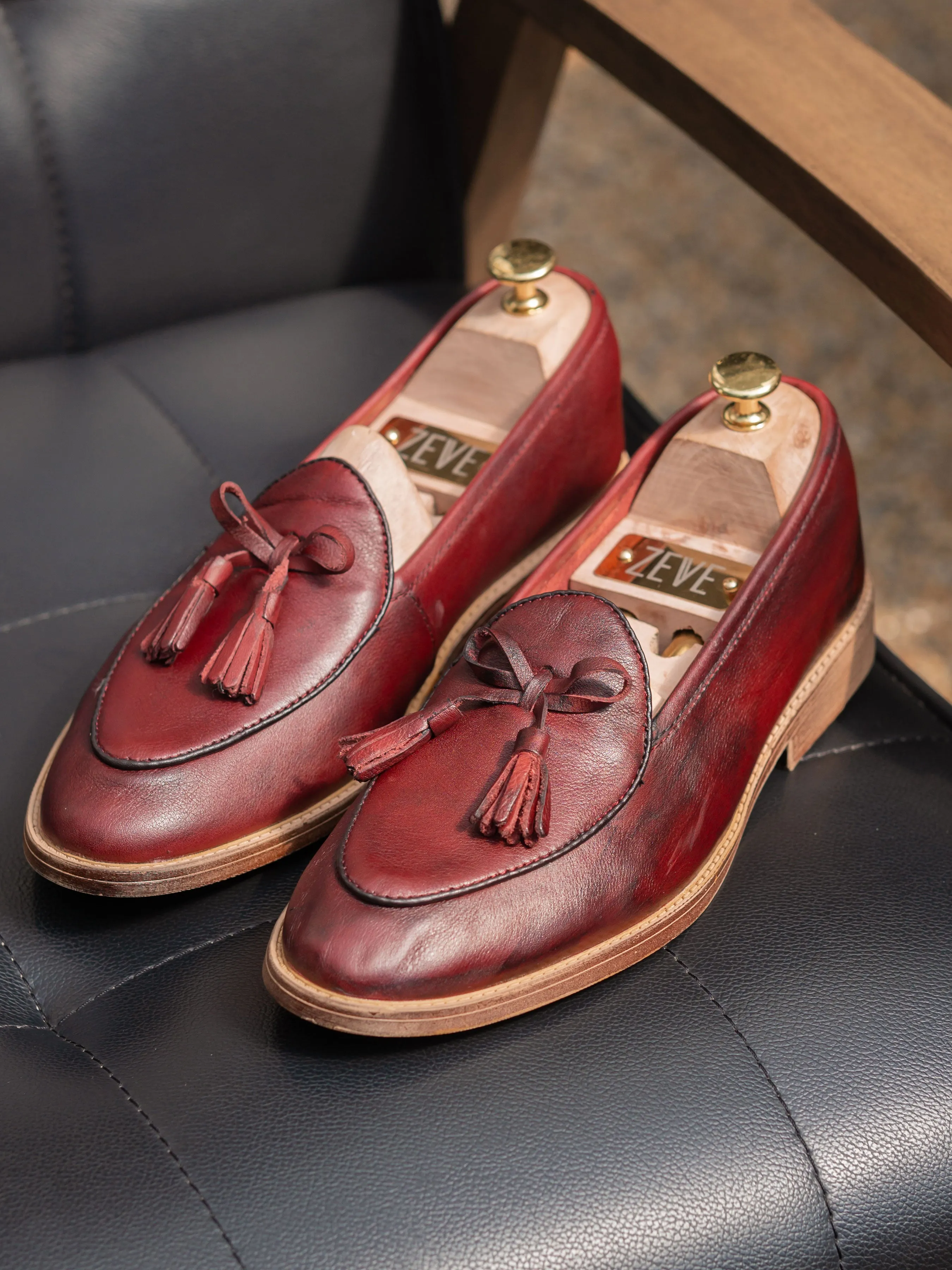 Belgian Loafer with Ribbon Tassel - Red Burgundy Leather (Flexi-Sole)