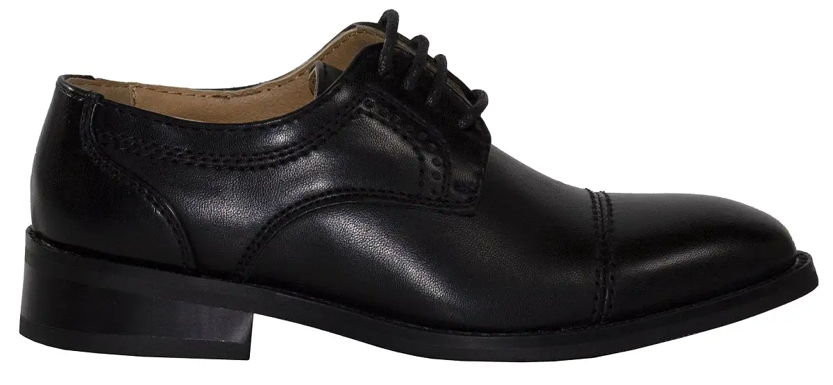 Boys Matte Black Cap Toe Lace-up Dress Shoes