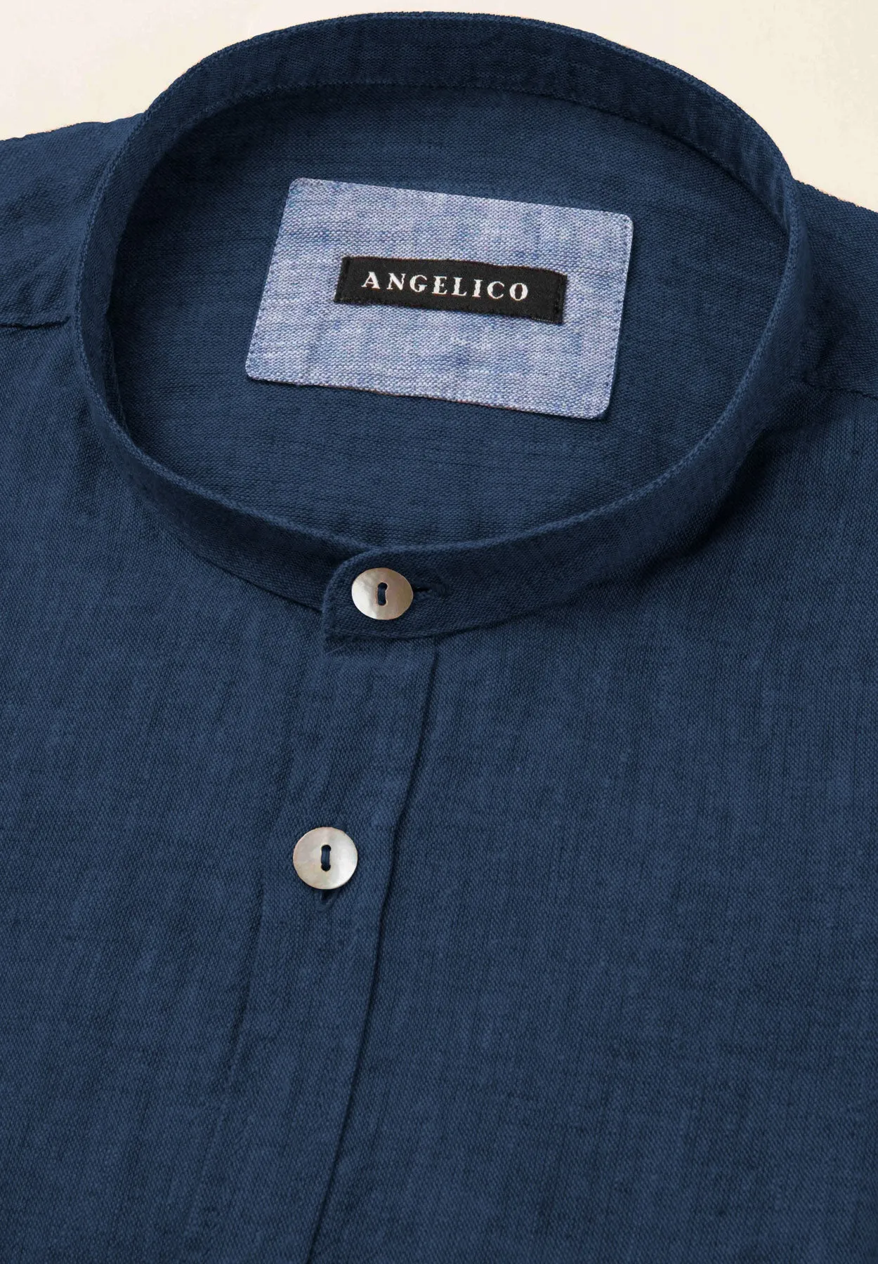 Camicia blu collo coreano cotone-lino slim fit