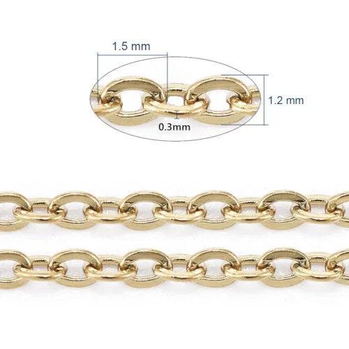 Chain, 304 Stainless Steel, Cable Chain, Soldered, Flat, Oval, Golden, 1.6x1.3mm