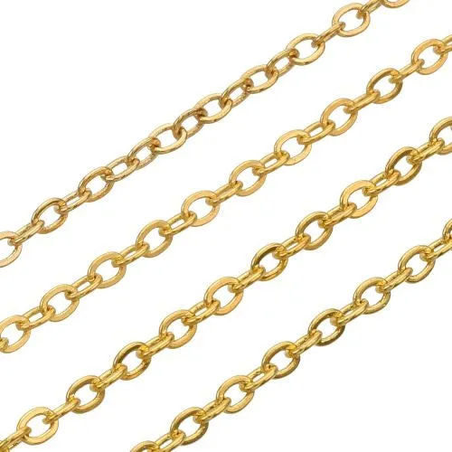 Chain, Iron, Brass Coated, Cable Chain, Soldered, Flat, Oval, Golden, 2.2x1.7mm