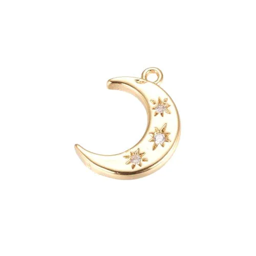 Charms, Brass, With Cubic Zirconia, Half Moon, Single-Sided, Golden, 16mm