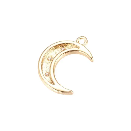 Charms, Brass, With Cubic Zirconia, Half Moon, Single-Sided, Golden, 16mm