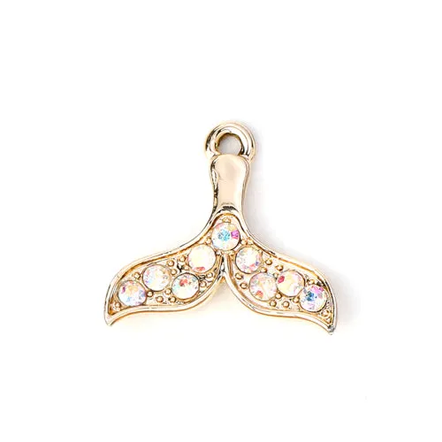 Charms, Whale Tail, Single-Sided, With AB Rhinestones, Golden, Alloy, 20mm