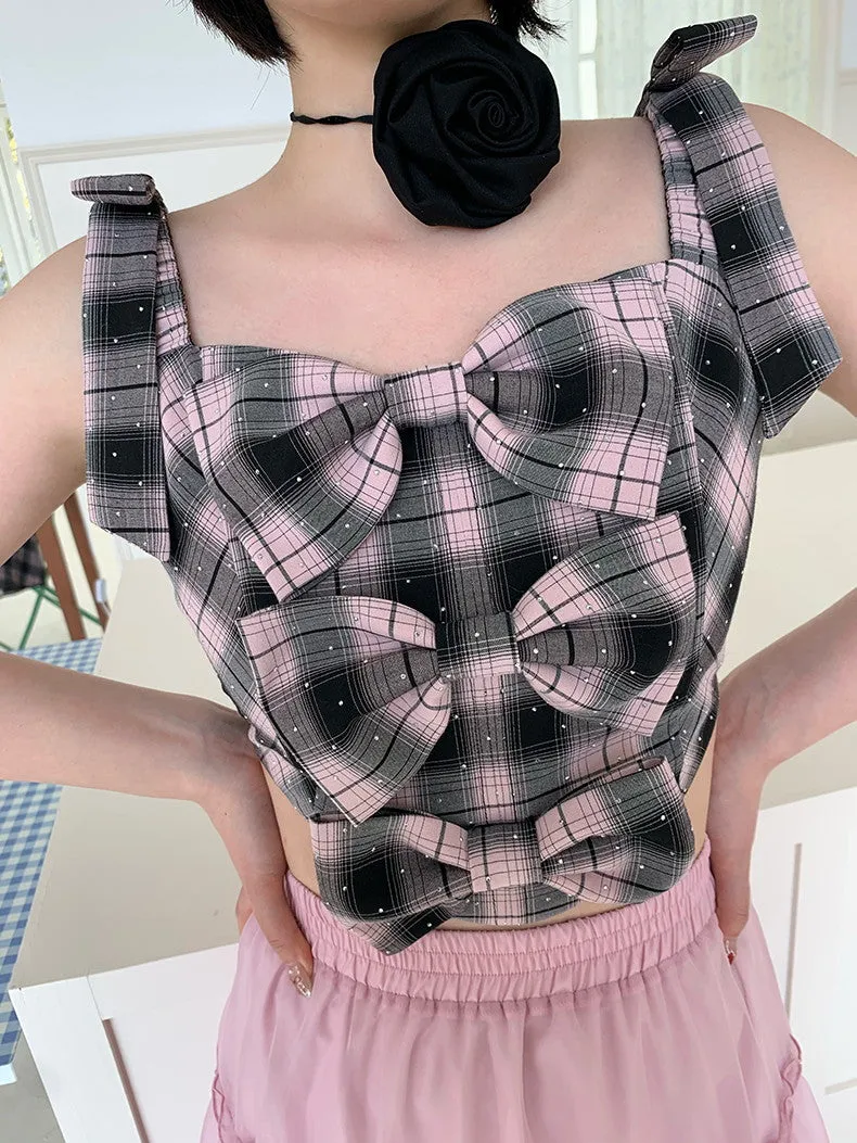 Checked Ribbon Short Slim No-Sleeve Camisole Tops