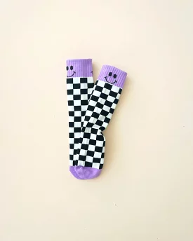 Checkered Smiley Socks, Purple