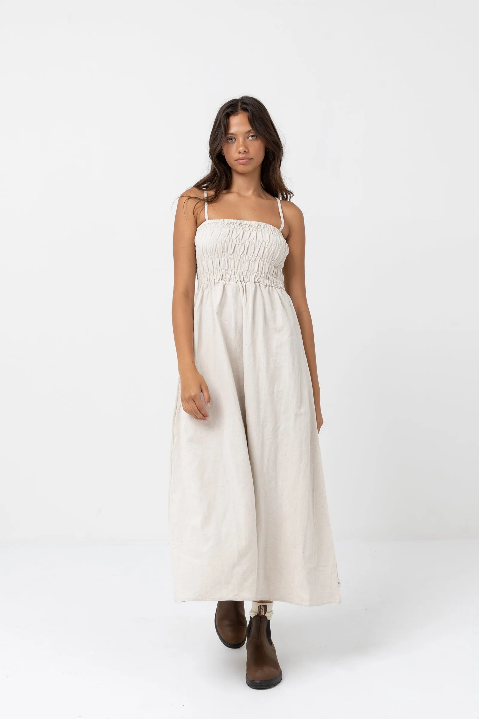 Classic Shirred Midi Dress Oat