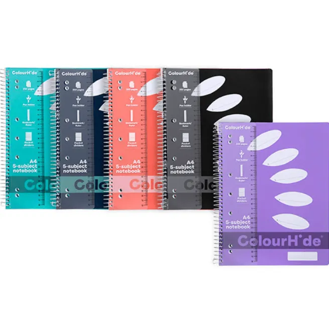 Colourhide 5-Subject Section Notebook 250 Page A4 Assorted Colours 5 Pack