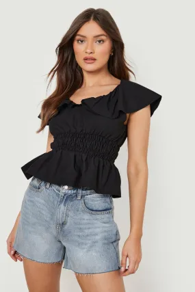 Cotton Poplin Puff Sleeve Shirred Top