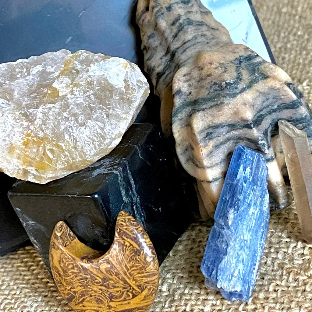 Dragon Skull with Shungite, Kyanite, Golden Healer, Miriam Stone Moon