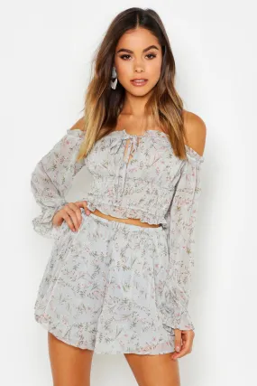 Floral Chiffon Volume Sleeve Shirred Off The Shoulder Top