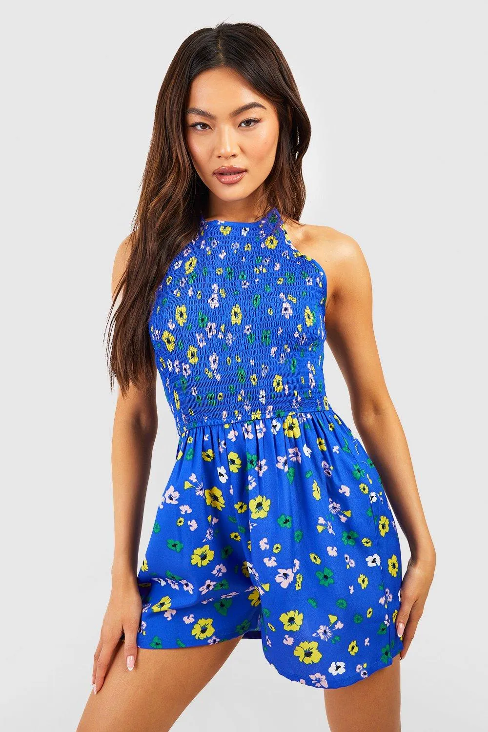 Floral Halter Shirred Romper