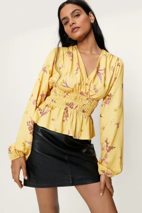 Floral Lemon V Wrap Over Shirred Waist Top