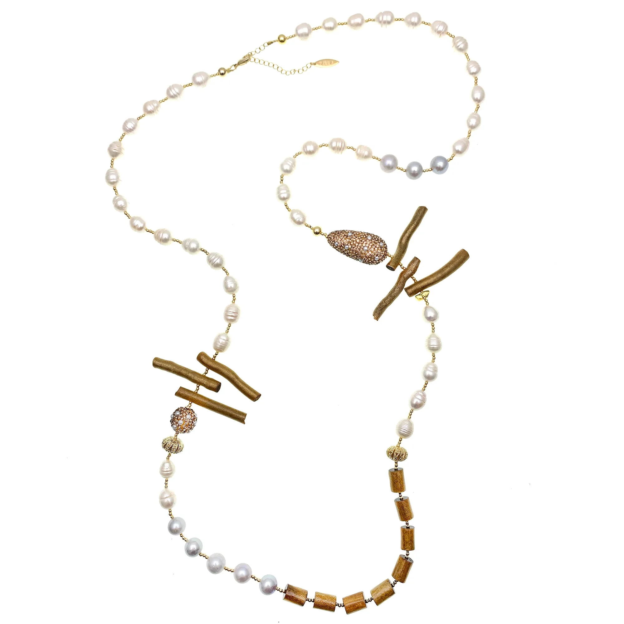 Freshwater Pearls With Golden Corals Two-Ways Necklace FN003