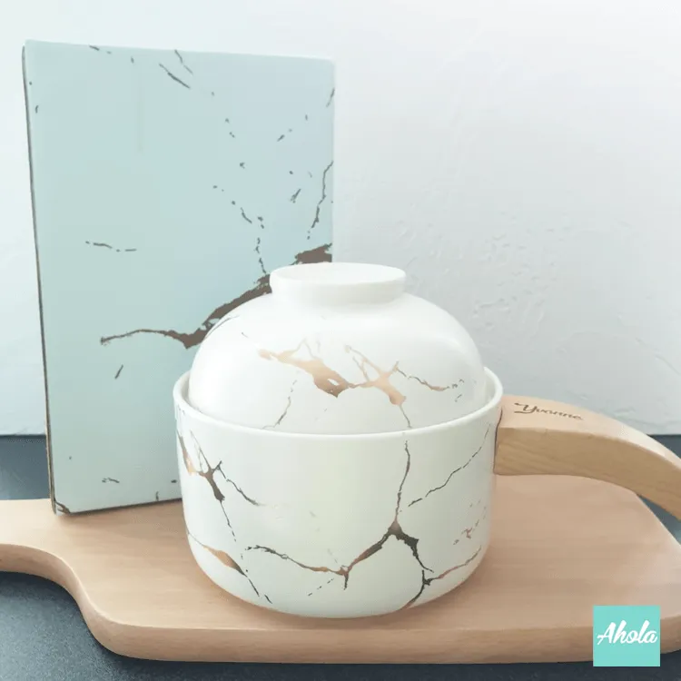 【Golden】Marble Ceramic Pot with Wood Handle 白金色雲石紋陶瓷碗 (3-5個工作天完成)