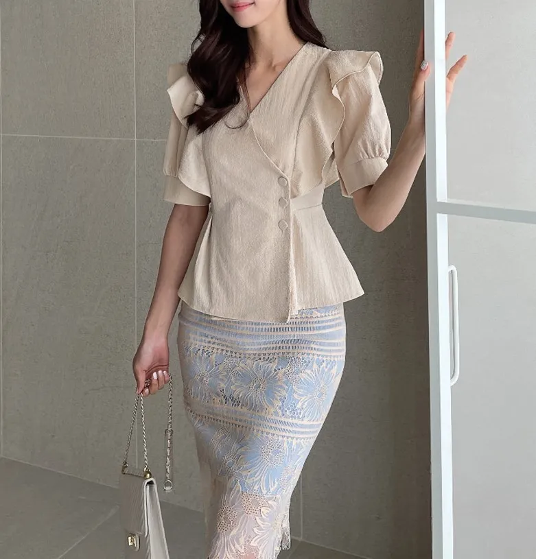 I AM MARI  |Casual Style Peplum Short Sleeves Party Style Office Style