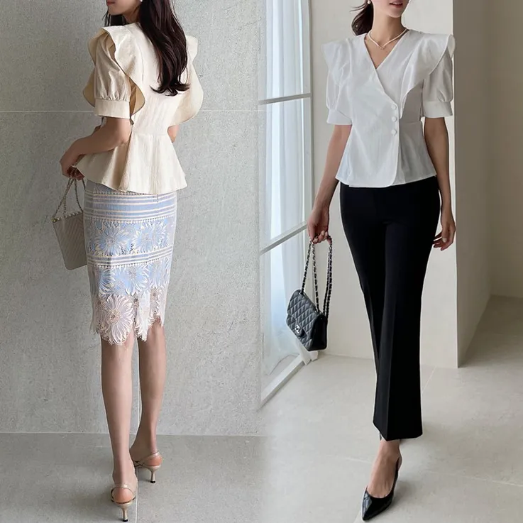 I AM MARI  |Casual Style Peplum Short Sleeves Party Style Office Style