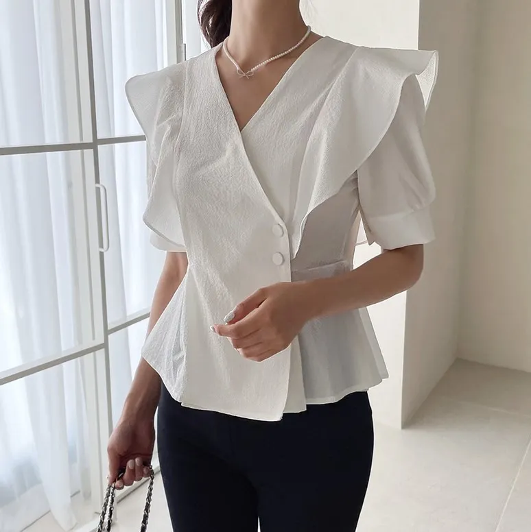 I AM MARI  |Casual Style Peplum Short Sleeves Party Style Office Style