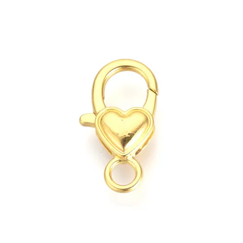 Lobster Claw Clasps, Heart, Golden, Alloy, 26.5x15x6.5mm