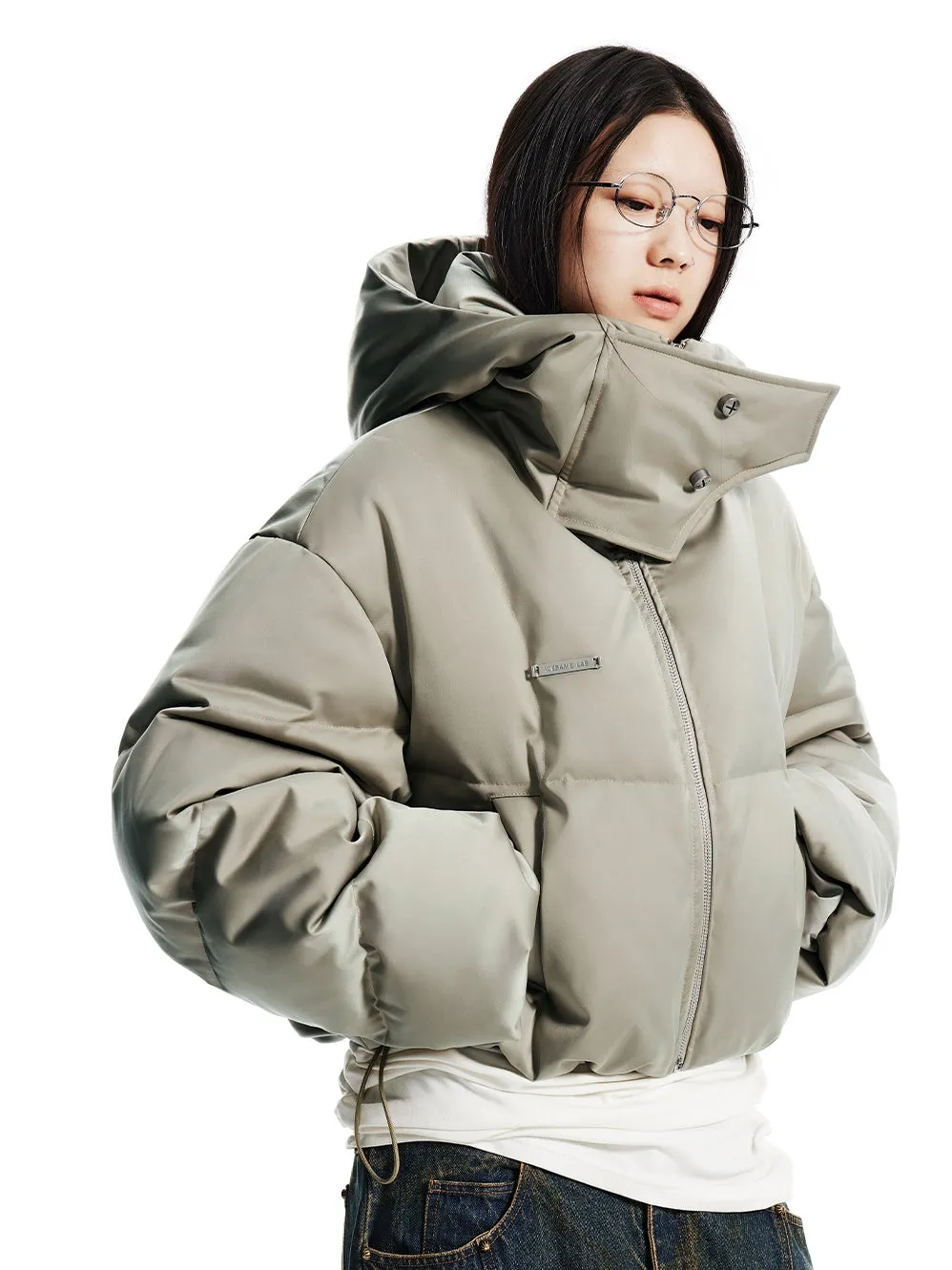 Loose Short Stand Collar Hooded Down Jacket