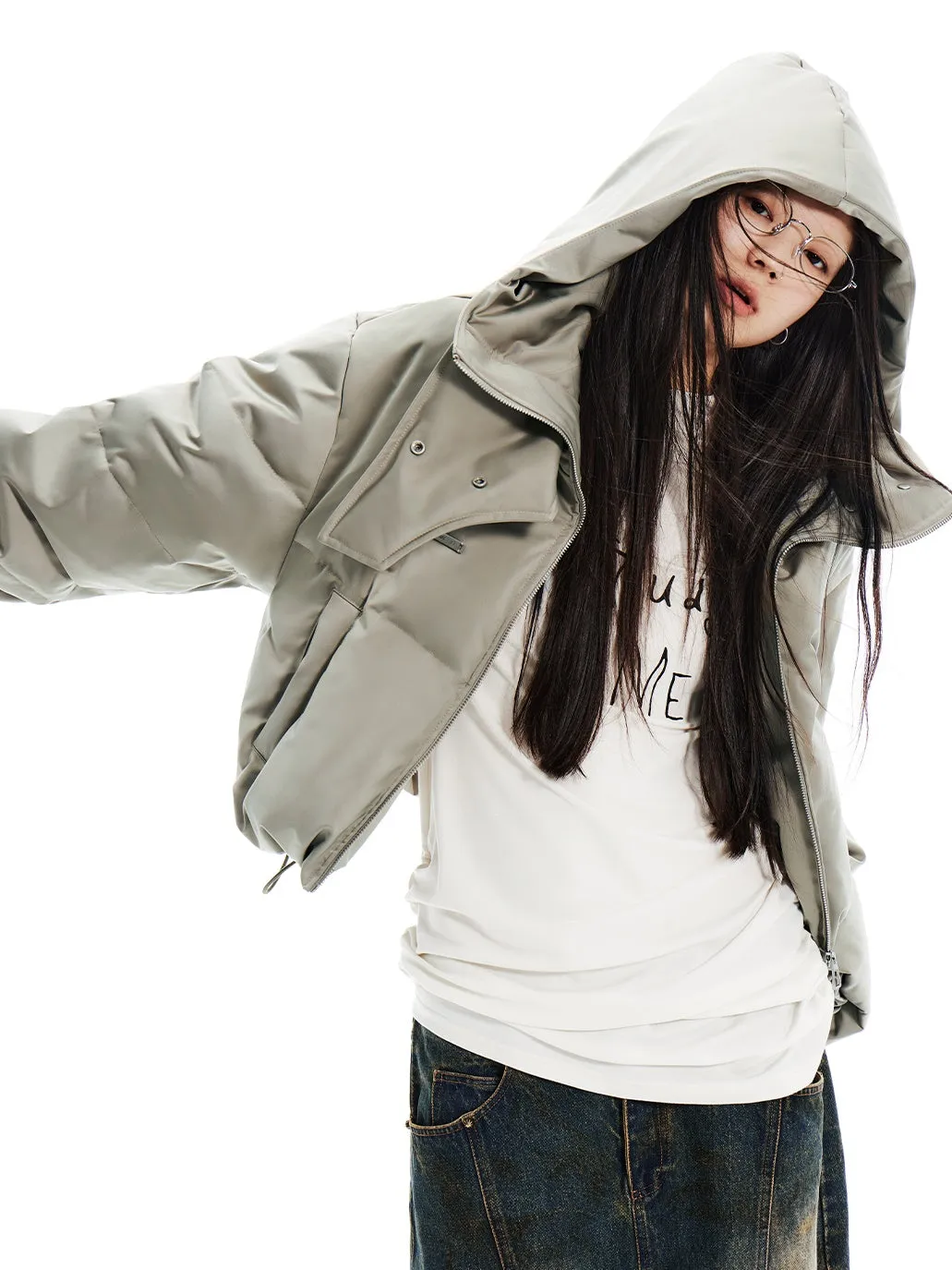 Loose Short Stand Collar Hooded Down Jacket