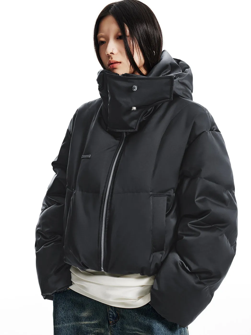 Loose Short Stand Collar Hooded Down Jacket