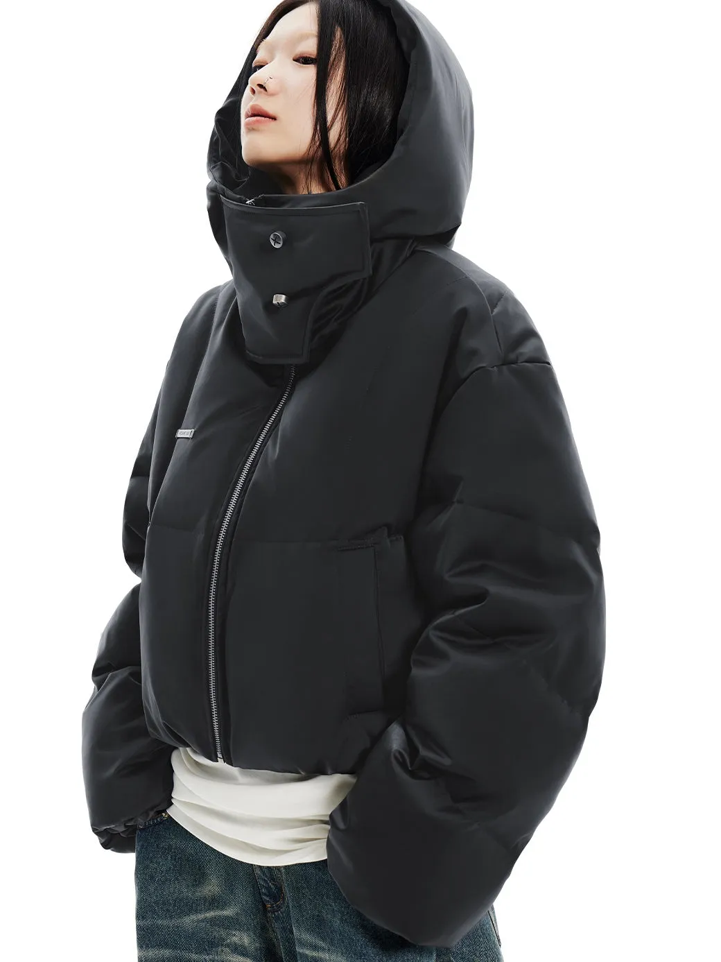 Loose Short Stand Collar Hooded Down Jacket