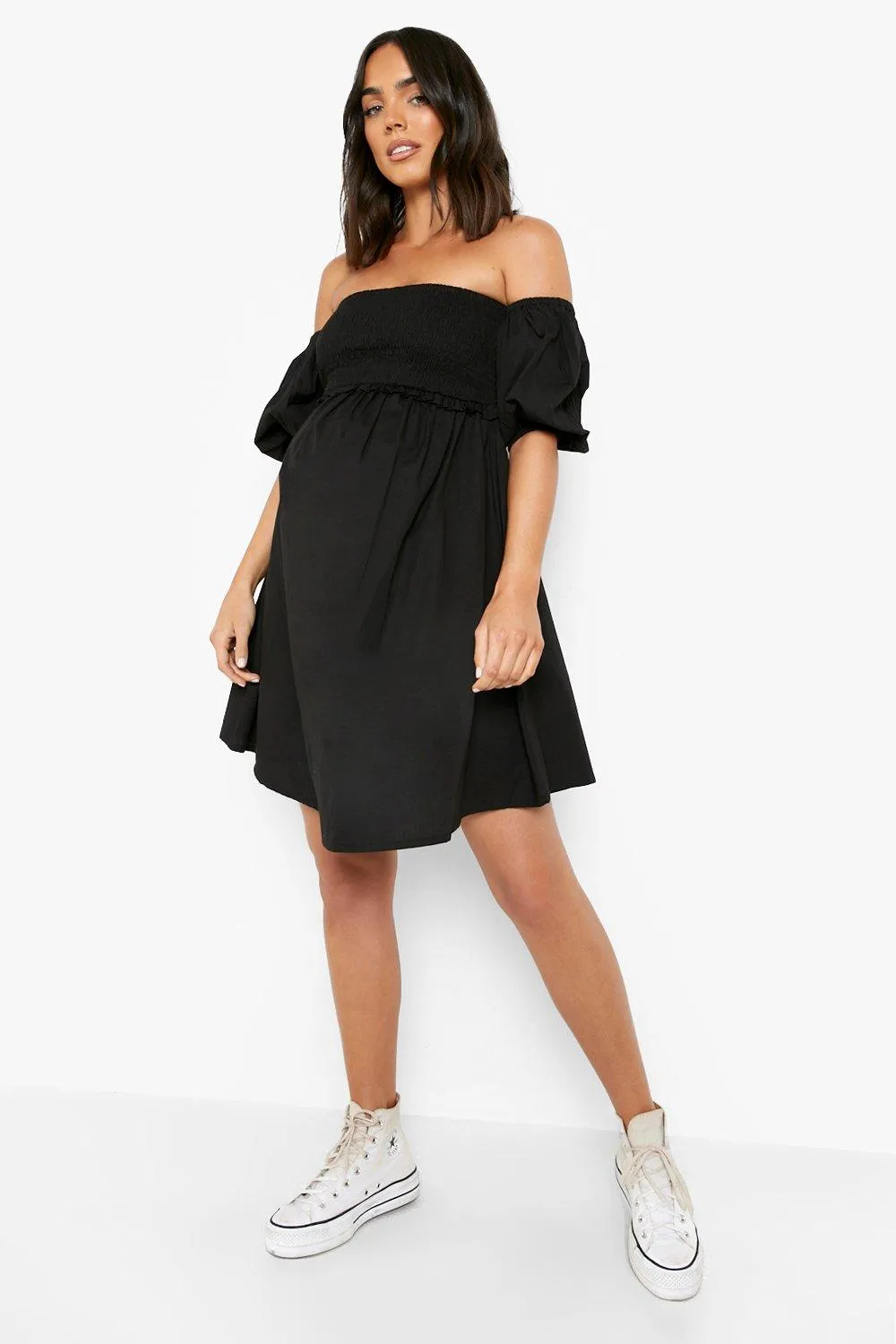 Maternity Cotton Off The Shoulder Shirred Mini Dress