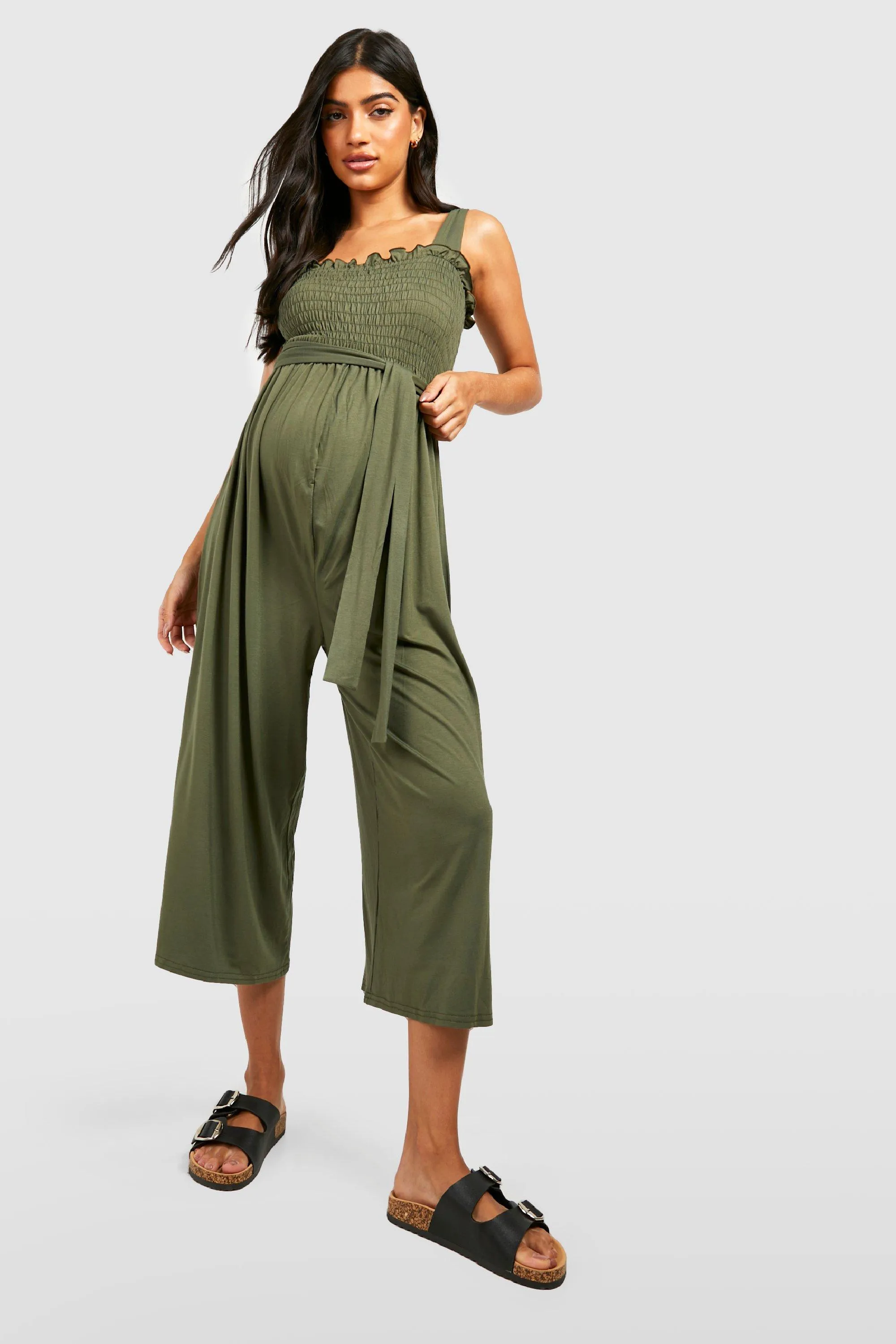 Maternity Shirred Flippy Belted Jumpsuit