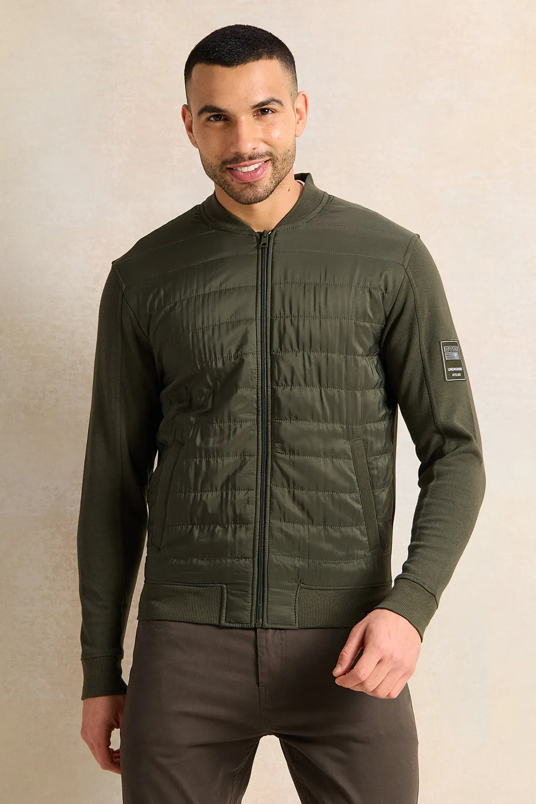 Men Olive Bomber Jacket With Knit Sleeves