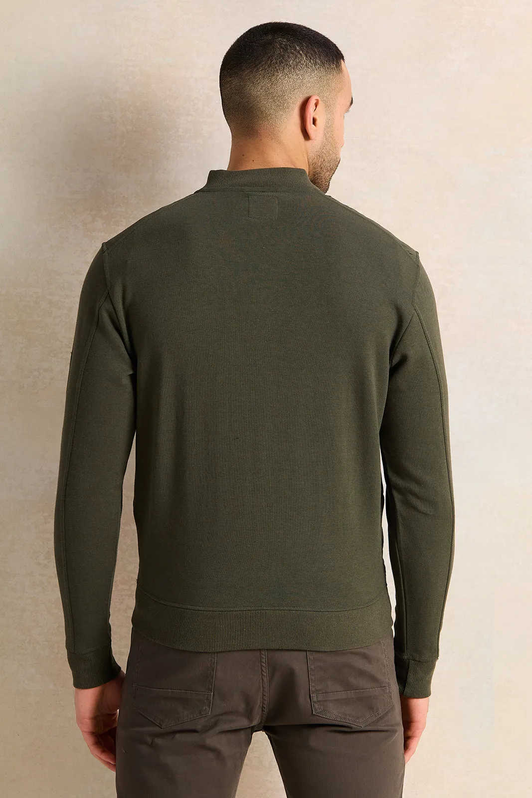 Men Olive Bomber Jacket With Knit Sleeves