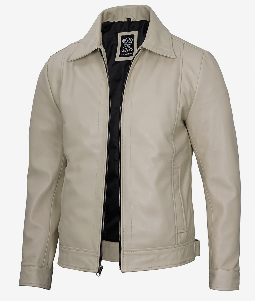 Mens Classic Shirt Collar Beige Leather Jacket