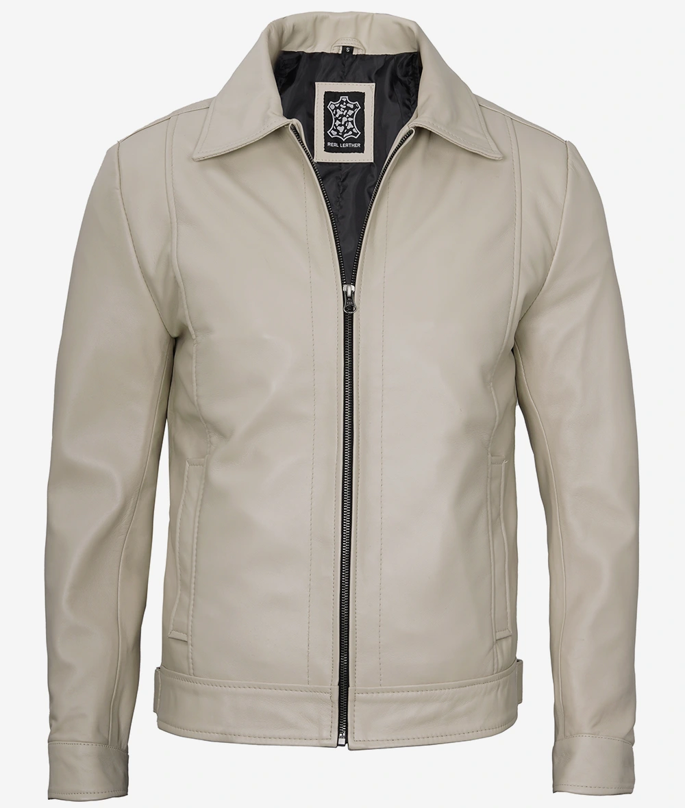 Mens Classic Shirt Collar Beige Leather Jacket