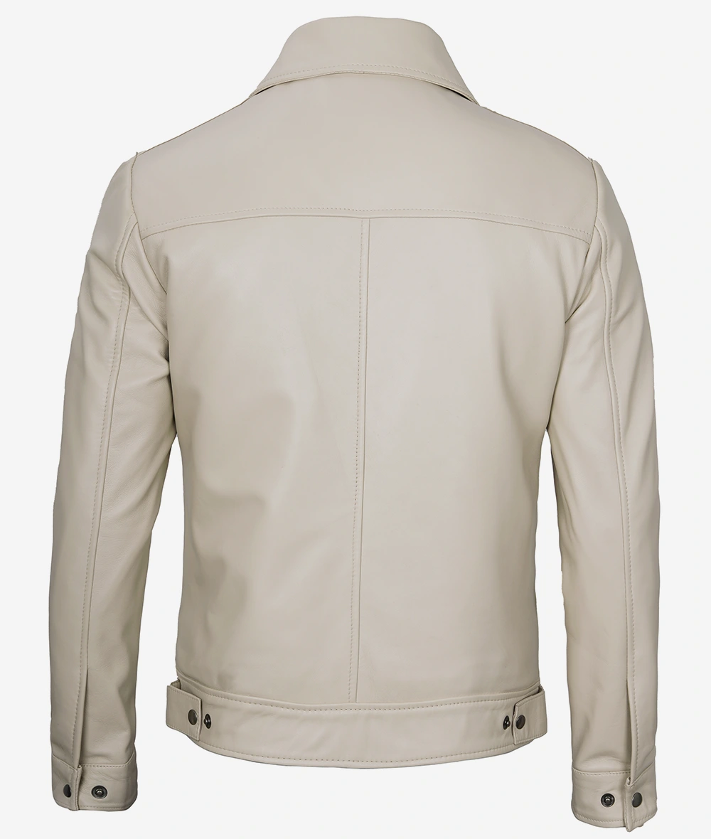 Mens Classic Shirt Collar Beige Leather Jacket