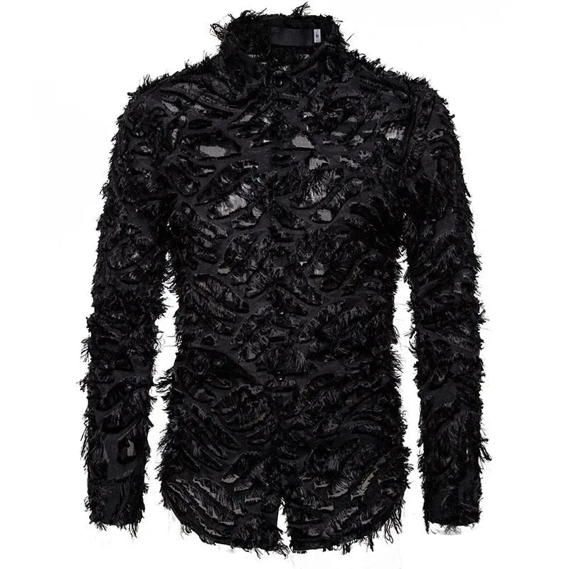 Men's Sexy Lace Feather Slim Fit  Long Sleeve Nightclub Party Shirt