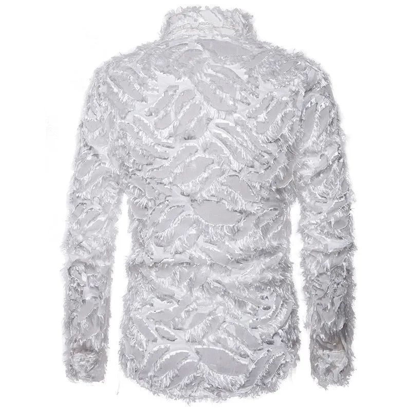 Men's Sexy Lace Feather Slim Fit  Long Sleeve Nightclub Party Shirt