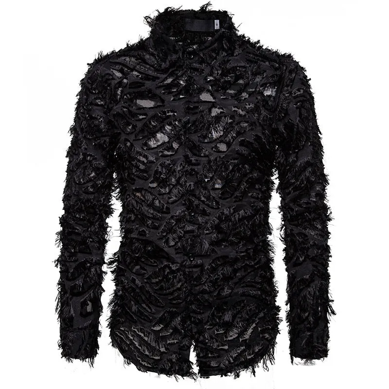 Men's Sexy Lace Feather Slim Fit  Long Sleeve Nightclub Party Shirt