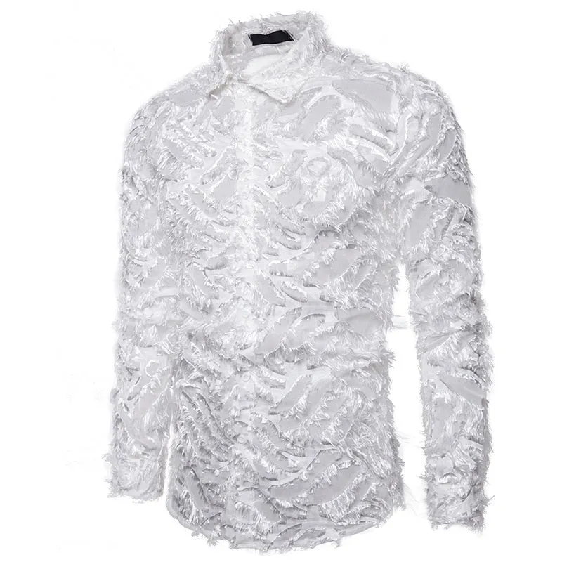 Men's Sexy Lace Feather Slim Fit  Long Sleeve Nightclub Party Shirt