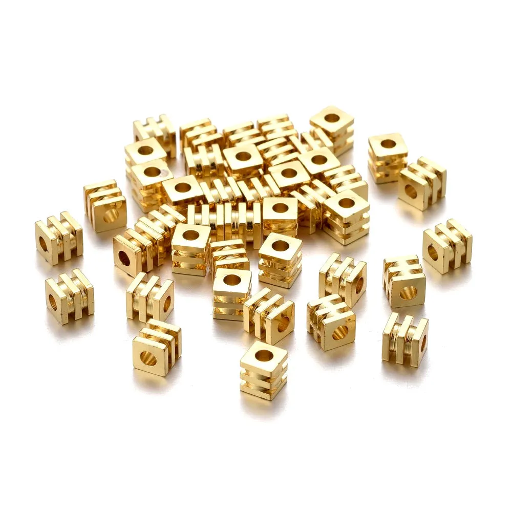 Metal Spacer Beads, Grooved Cube, Plated, Brass, Golden, 4mm