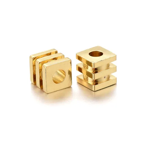 Metal Spacer Beads, Grooved Cube, Plated, Brass, Golden, 4mm