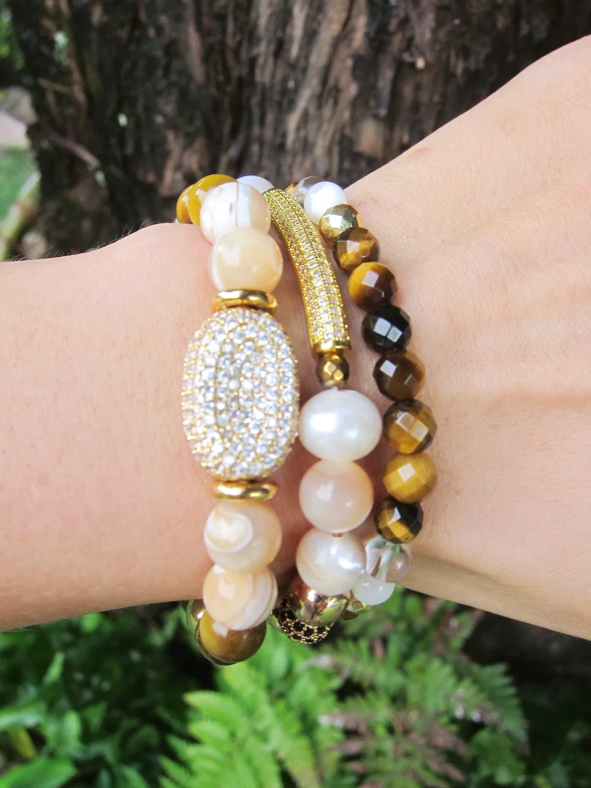 Mother of Pearl, Cat's Eye, Tiger Eye Energy Mala Bracelet