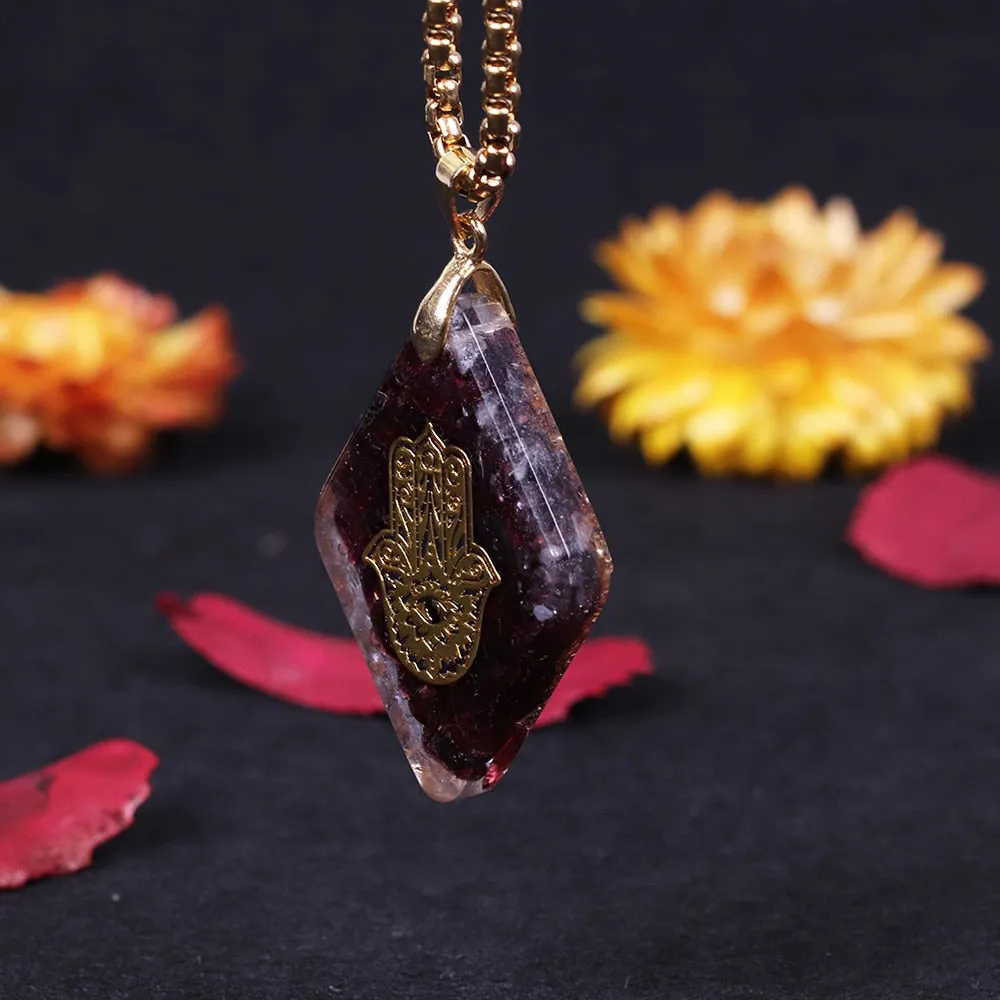 Natural garnet Orgonite Pendant Hand of Fatifa Energy Necklace Healing